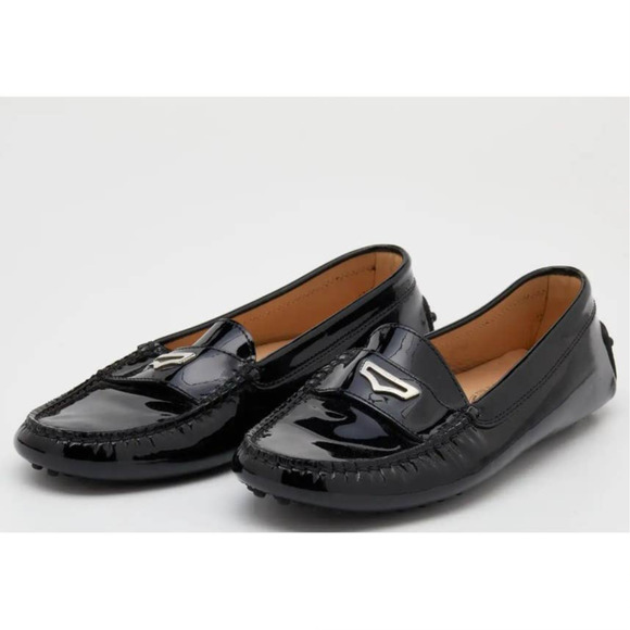 TOD'S Women Black Patent Leather Penny Slip On Loafers Rubber Pebbling Size 7.5 - Picture 1 of 11